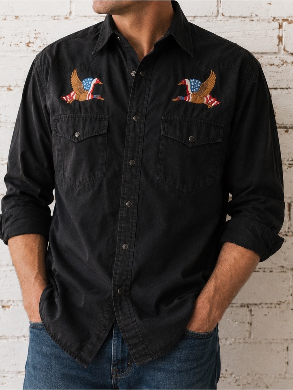 Vintage High Noon Embroidered Duck Western Snap Shirt XL Black USA Flag